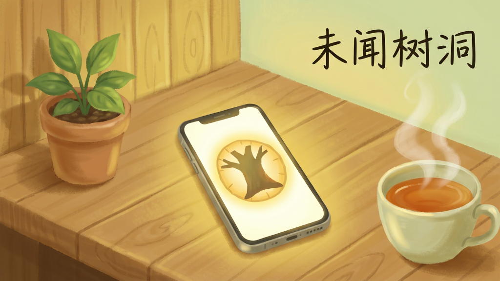 画面主体是一个安静的房间角落,木质书桌上放着一台亮着柔和屏幕光的手机,手机屏幕反射出树洞形状的光晕。布局采用居中构图,左侧放着一盆小绿植,右侧是一杯冒着热气的茶。排版上文字“未闻树洞”以手写体出现在画面右上角。风格为治愈系插画,色调以暖黄和浅绿为主,细节注重光影渐变和木纹质感。画质清晰,干净,无多余元素。