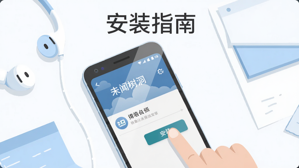 画面主体是一部安卓手机放在桌面上,屏幕显示“未闻树洞”的安装界面,旁边有一只手指正准备点击“安装”按钮。布局采用俯视角度,手机位于画面中央偏下,周围散落着耳机和便签纸。排版上在画面顶部用简洁字体标注“安装指南”。风格为扁平化科技插画,色调以白色和浅蓝色为主,细节注重手机屏幕反光和按钮质感。画质清晰,干净,无多余元素。