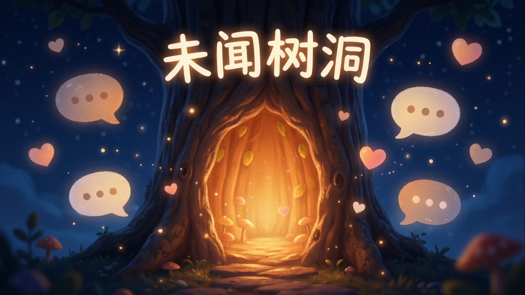 画面主体是一个发光的树洞入口,树洞内部透出温暖的橙色光芒,周围环绕着漂浮的对话气泡和爱心符号。布局采用中心对称,树洞位于画面正中,气泡向四周散开。排版上在树洞上方用发光字体写着“未闻树洞”。风格为梦幻治愈系,色调以深蓝夜色和暖橙光为主,细节注重光晕和粒子效果。画质细腻,干净,无多余元素。