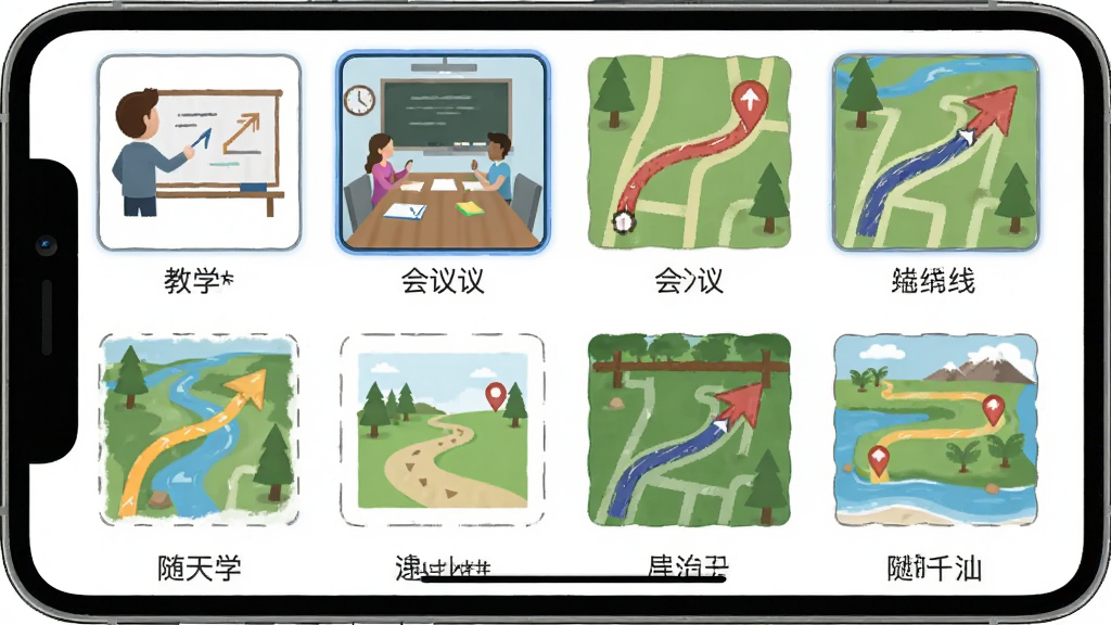 画面主体是箭头随手画软件的模板选择界面,屏幕上以网格形式排列着多个不同场景的模板缩略图,包括教学、会议、路线等。布局为手机屏幕正面展示,界面元素清晰可见。排版整齐有序,网格对齐。风格为UI界面展示,细节包括模板图标设计、文字标签、选中状态的高亮边框。画质清晰,干净,无多余元素。
