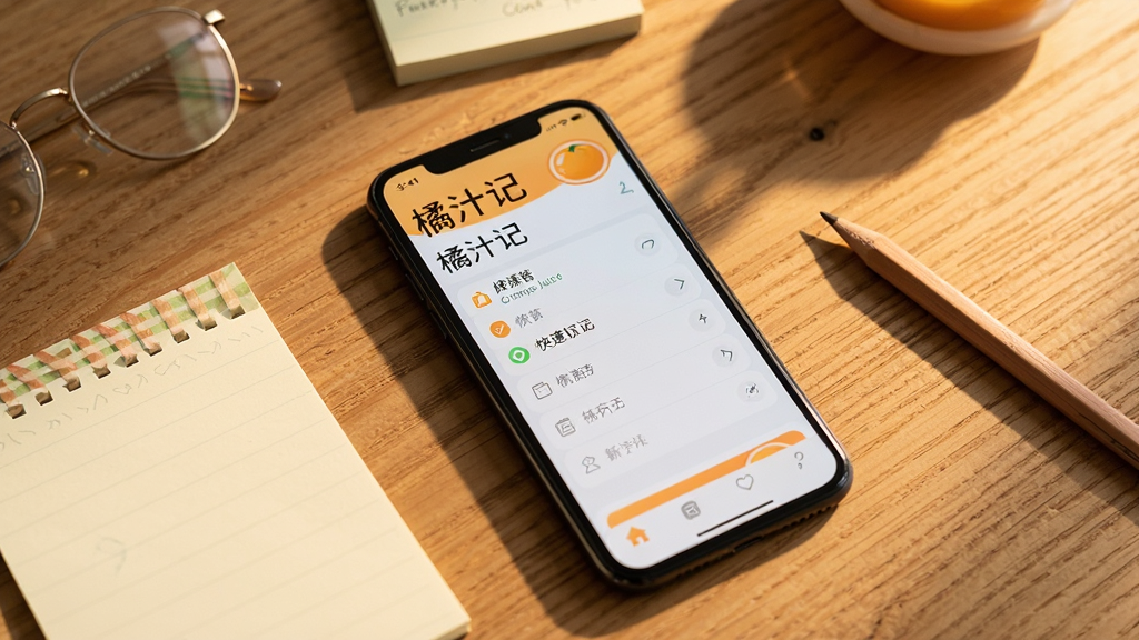 一部手机放在木质桌面上,屏幕显示橘汁记快速记录界面,画面中有便签纸和铅笔作为装饰,暖色光线,风格简约写实,细节丰富,画质清晰,图片中文字为“橘汁记”