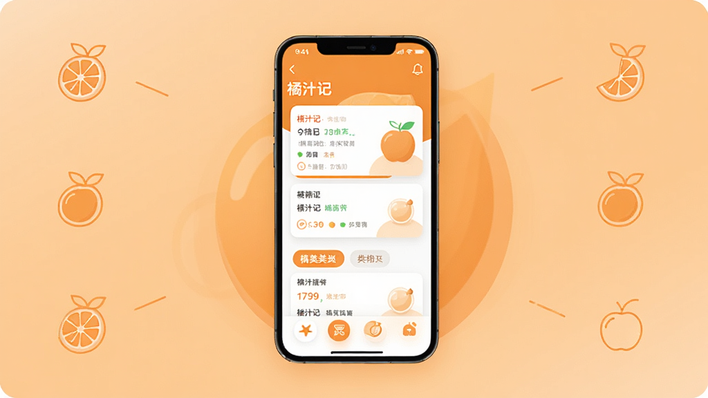 整体画面以暖橘色为主色调,中央放置一部智能手机,手机屏幕显示橘汁记应用主界面,界面中有卡片式记录条目和分类标签,背景为柔和渐变橘色,四周点缀简约线条图标,风格清新扁平化,细节清晰,画质干净,无多余元素,图片中文字为“橘汁记”