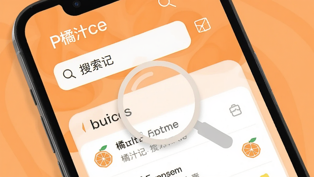 手机屏幕显示橘汁记搜索框和搜索结果列表,放大镜图标醒目,背景为柔和橘色,风格现代扁平,排版清晰,画质干净,图片中文字为“橘汁记”