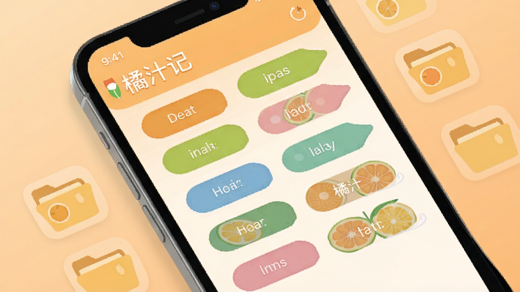 手机屏幕展示橘汁记分类管理界面,多个彩色标签整齐排列,背景为浅橘色渐变,旁边有文件夹图标点缀,风格清爽扁平,排版整齐,画质干净,图片中文字为“橘汁记”