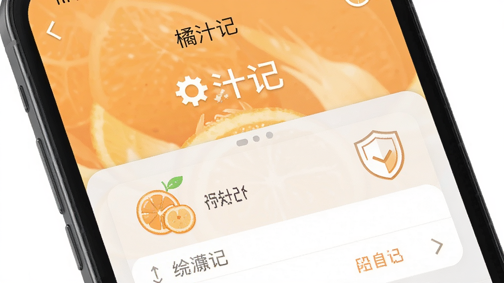 手机屏幕显示橘汁记设置界面,旁边有齿轮和盾牌图标,背景为浅橘色,风格简洁明快,细节清晰,画质干净,图片中文字为“橘汁记”