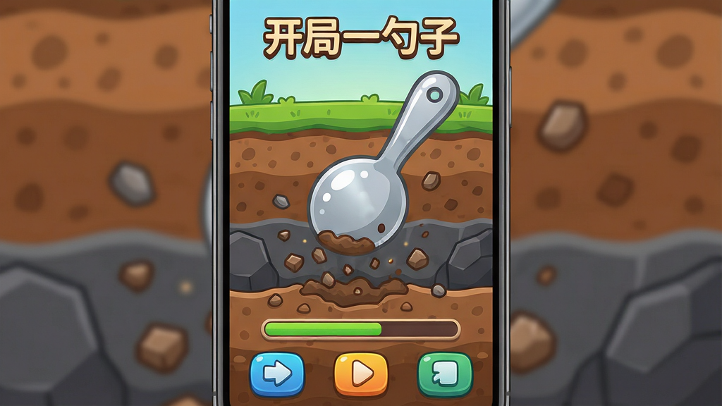 一张手机屏幕竖版展示图,画面中央是一款卡通风格的挖掘游戏界面,主体是一个圆润可爱的银色勺子正在向下挖掘土层,周围是分层的地质结构,从绿色草地到棕色泥土再到深灰色岩石,勺子下方有碎石飞溅的粒子效果,画面顶部显示“开局一勺子”游戏标题,布局为居中主体加底部操作按钮,排版简洁明快,风格为休闲卡通扁平化,细节包括土层纹理、勺子反光、挖掘进度条,画质清晰干净,无多余元素