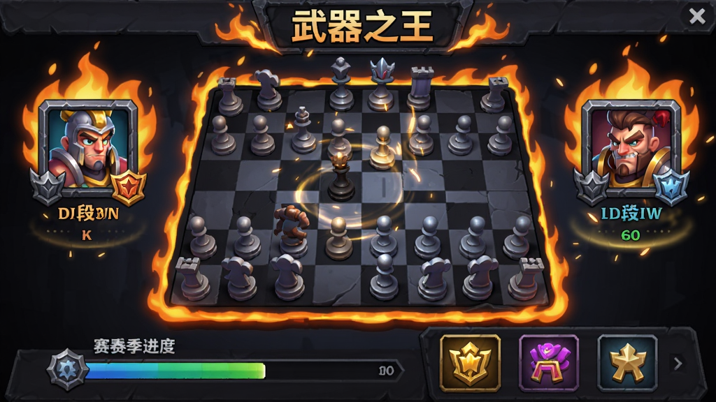 画面主体为“武器之王”竞技场界面,中央为对战棋盘,两侧显示双方玩家头像与段位徽章,底部为赛季进度条与奖励预览。布局为横版手机屏幕,排版突出竞技氛围。风格为暗黑奇幻卡通,细节包括火焰边框、金属质感徽章、胜利特效。画质高清,画面干净,无多余元素。