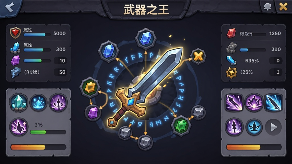 画面主体为“武器之王”武器养成界面,中央是一把正在进化的长剑,周围环绕升级材料与分支路线图,左右两侧显示属性数值与技能预览。布局为竖版手机界面,排版清晰。风格为暗黑奇幻卡通,细节包括发光符文、矿石图标、进度条。画质高清,画面干净,无多余元素。