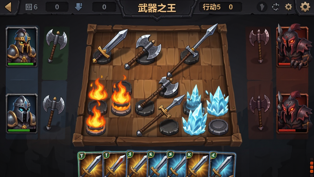 画面主体为一款名为“武器之王”的战棋手游主界面,中央是方形棋盘战场,棋格上摆放着长剑、巨斧、长枪等武器棋子,左右两侧为玩家与敌方阵营,顶部显示回合数与行动点数,底部为武器卡牌栏。布局采用竖版手机屏幕比例,排版清晰分区明确。风格为暗黑奇幻卡通渲染,细节包括金属质感武器图标、木质棋盘纹理、火焰与冰霜技能特效。画质高清,画面干净,无多余元素。