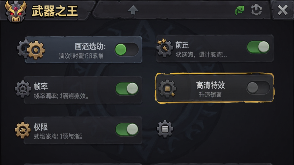 画面主体为“武器之王”手机游戏设置界面,展示画质选项、帧率调节、权限开关等设置项,界面中高亮标注“高清特效”关闭状态。布局为竖版手机屏幕,排版清晰。风格为暗黑奇幻卡通,细节包括齿轮图标、开关按钮、文字说明。画质高清,画面干净,无多余元素。