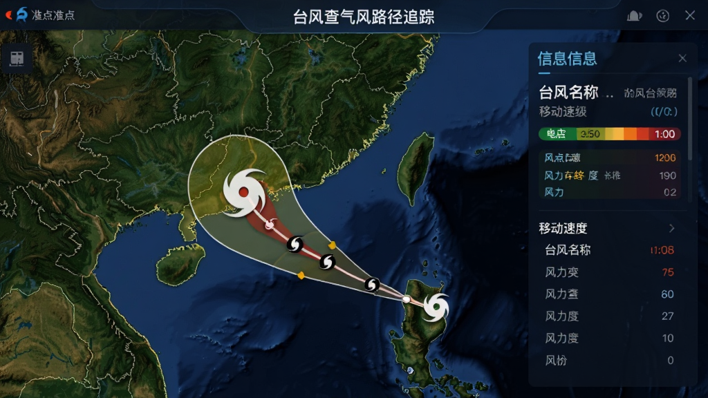 准点查天气台风路径追踪界面,中国东南沿海地图,台风图标与预测路径线,风力等级色标,信息面板显示台风名称与移动速度,深色背景,数据可视化风格,高清