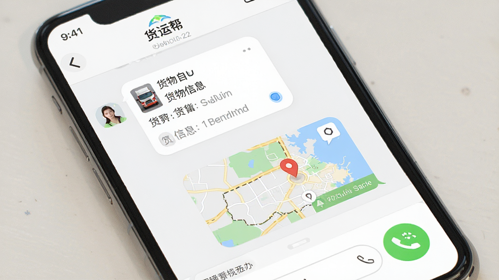一张展示“货运帮”聊天沟通界面的图片,主体为手机屏幕,布局为聊天气泡式对话,排版清晰,风格为日常社交风,细节包括货物信息卡片、地图位置分享、拨号按钮,画质高清,干净,无多余元素