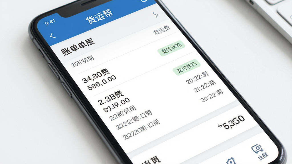 一张展示“货运帮”运费结算页面的图片,主体为手机屏幕,布局为账单列表与金额汇总,排版规整,风格为商务简洁风,细节包括运费数字、支付状态标签、日期时间,画质高清,干净,无多余元素