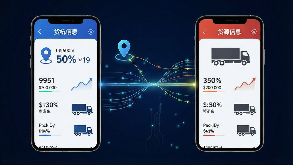 一张展示“货运帮”智能匹配功能的图片,主体为手机屏幕与抽象数据线条,布局为左右分栏,左侧为司机信息,右侧为货源信息,中间用发光线条连接,排版对称,风格为科技感数据风,细节包括定位图标、匹配百分比、货车剪影,画质高清,干净,无多余元素