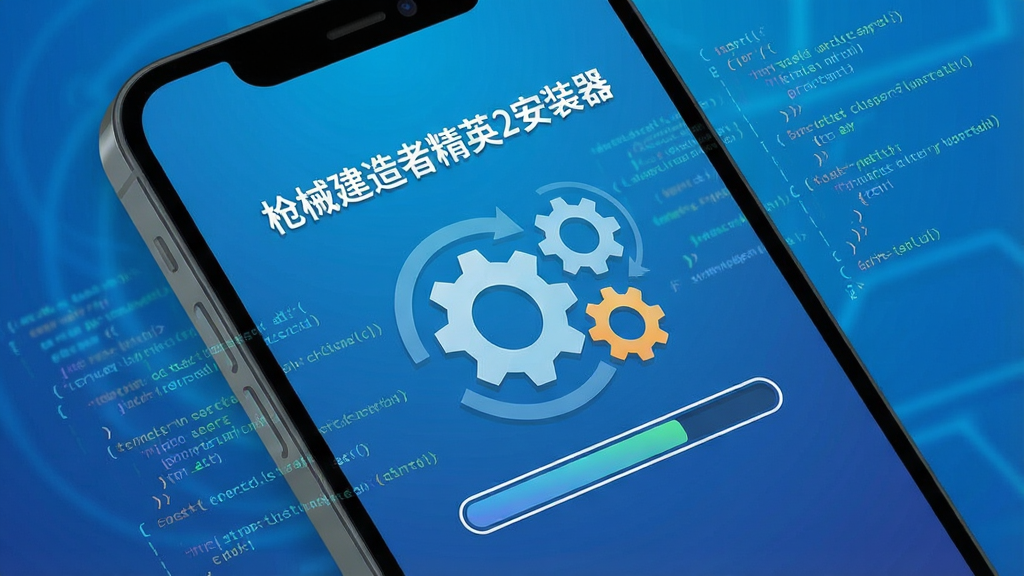 一个手机屏幕特写,屏幕上显示“枪械建造者精英2安装器”正在自动配置环境,界面中有齿轮转动和进度条动画,背景为蓝色渐变科技感,画面中有数据流和代码片段飘过,风格为扁平化插画,细节清晰,画质高清,干净,无多余元素