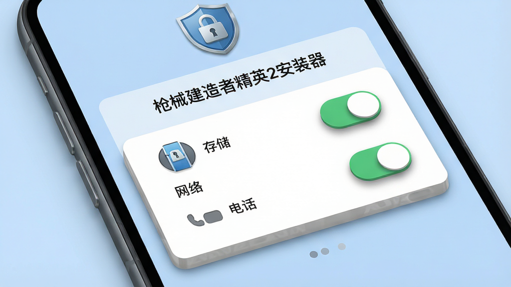 手机屏幕显示“枪械建造者精英2安装器”的权限管理页面,有存储、网络、电话等权限开关图标,界面风格为卡片式设计,背景为淡蓝色,画面中有盾牌和锁的图形元素代表安全,风格为现代UI风格,细节包括开关的立体阴影,画质高清,干净,无多余元素