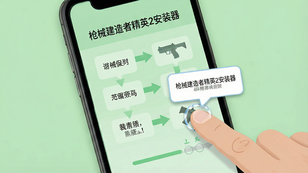 手机屏幕显示“枪械建造者精英2安装器”的使用指南界面,画面中有步骤指示箭头和提示气泡,背景为淡绿色,风格为清新扁平化设计,细节包括手指点击屏幕的动画效果和进度标记,画质高清,干净,无多余元素