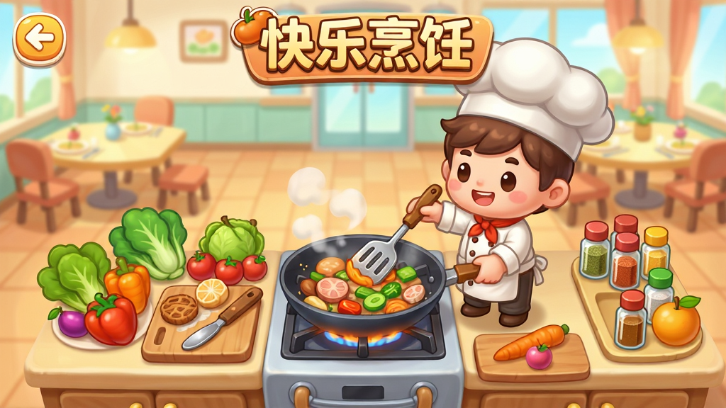 一款卡通风格的烹饪模拟游戏主界面,画面中央是一间温馨的餐厅厨房,灶台上摆放着各种食材和厨具,一位穿着厨师服的可爱角色正在翻炒锅中的菜肴,周围有新鲜的蔬菜、水果和调味瓶,背景是明亮的餐厅用餐区,整体布局为中心构图,排版清晰,风格为Q版卡通,细节包括锅铲、蒸汽、食材纹理,画质高清,干净,无多余元素,画面中带有“快乐烹饪”文字标题