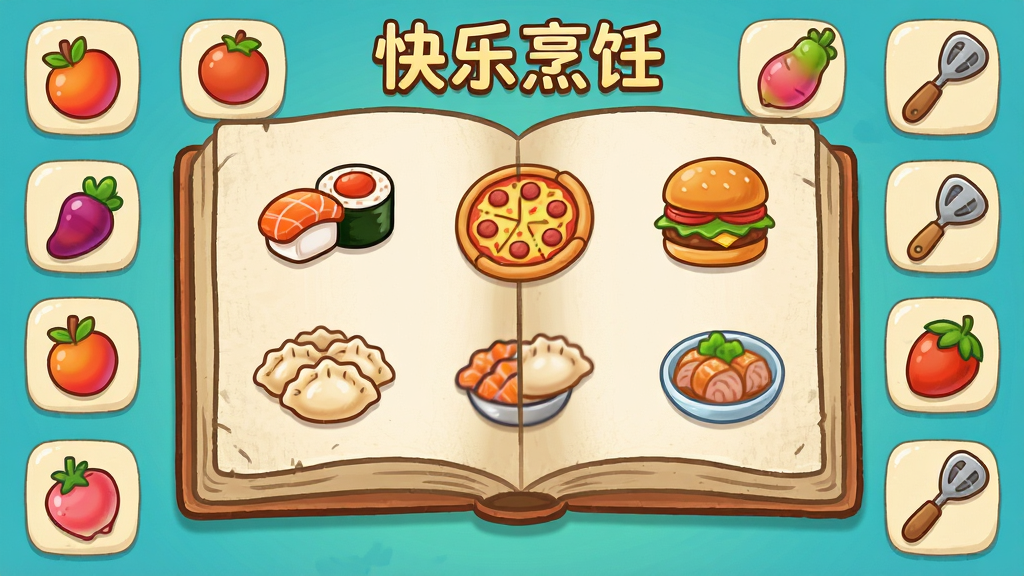 一款卡通烹饪游戏的菜谱收集界面,画面中展示了一本翻开的食谱书,书页上绘制着世界各地的美食图标,包括寿司、披萨、汉堡、饺子等,周围环绕着食材和厨具的小图标,布局为居中展示,排版整齐,风格为手绘卡通,细节包括食谱书页的纹理、食材的色彩渐变,画质高清,干净,无多余元素,画面中带有“快乐烹饪”文字