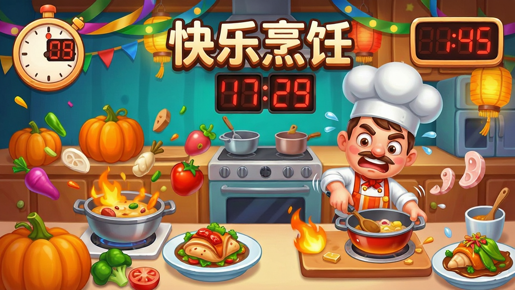 一款卡通烹饪游戏的限时活动界面,画面中展示了一个节日主题的厨房场景,有南瓜、彩带和灯笼装饰,厨师角色正在紧张地制作多道菜肴,计时器显示在画面角落,布局为动感构图,排版活泼,风格为节日卡通,细节包括食材飞溅、火焰、倒计时数字,画质高清,干净,无多余元素,画面中带有“快乐烹饪”文字