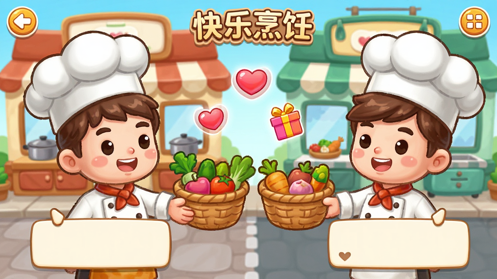 一款卡通烹饪游戏的社交界面,画面中展示两位厨师角色在互相赠送食材,背景是两间相邻的餐厅,有爱心和礼物图标漂浮,布局为左右对称,排版温馨,风格为Q版卡通,细节包括角色表情、食材篮、对话框,画质高清,干净,无多余元素,画面中带有“快乐烹饪”文字
