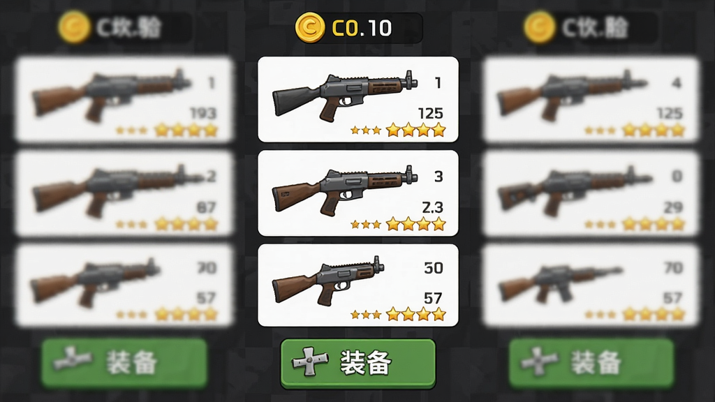 火柴人绝地冒险 武器选择界面 布局为竖版列表 排版上方显示金币数量 中间为各种枪械图标 下方为装备按钮 风格为简洁卡片式设计 细节包括武器属性数值和星级 画质清晰 干净 无多余元素
