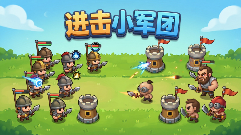 画面中央展示一款卡通风格的塔防对战游戏场景,主体为多个Q版小兵角色排列在绿色草地上,前方有防御塔和来袭的敌人,布局采用左右分明的对战视角,排版上游戏名称“进击小军团”以立体艺术字置于画面顶部中央,风格为明快休闲的卡通渲染,细节包括小兵头顶的血条、技能图标和飘动的旗帜,画质为高清1080P,干净整洁,无多余元素。