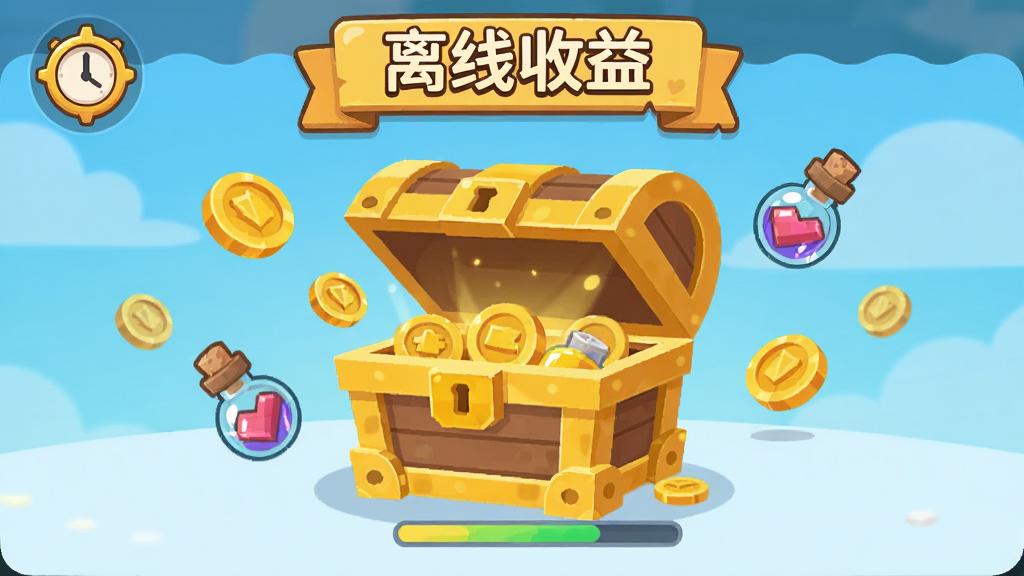 展示游戏离线收益界面的插画,主体为一个打开的金色宝箱,周围飘浮着金币和经验药水图标,布局上宝箱居中,上方有“离线收益”文字标识,排版简洁,风格为卡通扁平化,细节包括时钟图标和进度条,画质清晰明亮,干净无多余元素,画面中融入“进击小军团”字样。