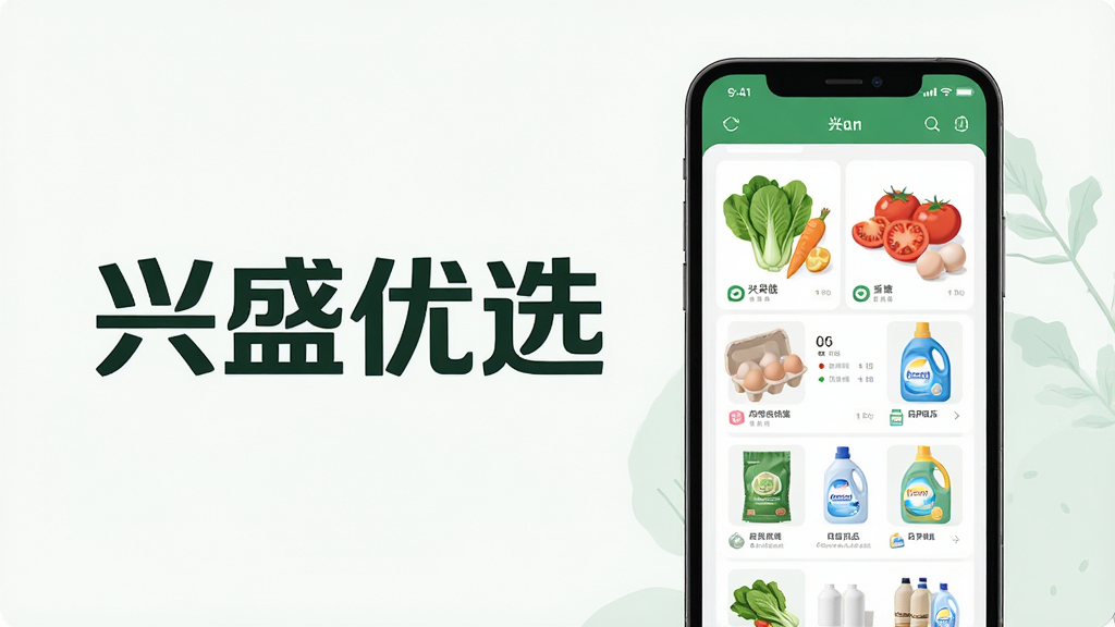 一张展示兴盛优选品牌形象的横版主视觉图,画面中央为醒目的“兴盛优选”文字标识,主体是手机屏幕中呈现生鲜果蔬与日用百货的商品列表界面,布局采用左文右图结构,排版简洁清晰,风格为现代扁平化商业插画,细节包含新鲜的青菜、番茄、鸡蛋与洗衣液等商品元素,画质高清,干净,无多余元素。