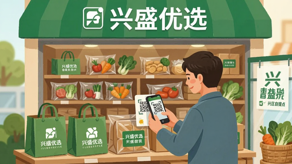 社区自提点场景插画,画面主体为“兴盛优选”自提门店,货架上整齐摆放着打包好的生鲜包裹,一位居民正用手机扫码取货,布局为前景人物与背景货架层次分明,排版采用居中构图,风格为温暖写实的矢量插画,细节包含绿色环保袋、新鲜蔬菜和门店招牌,画质清晰,干净,无多余元素。