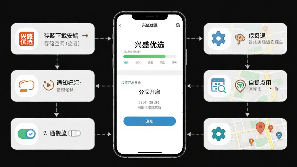 兴盛优选手机端安装与使用流程图,画面主体为一部智能手机,屏幕中显示“兴盛优选”下载安装进度条与权限开启界面,布局采用纵向步骤排列,排版以手机为中心、周围环绕设置图标,风格为简洁科技风插画,细节包含存储空间提示、通知开关和自提点地图标记,画质高清,干净,无多余元素。