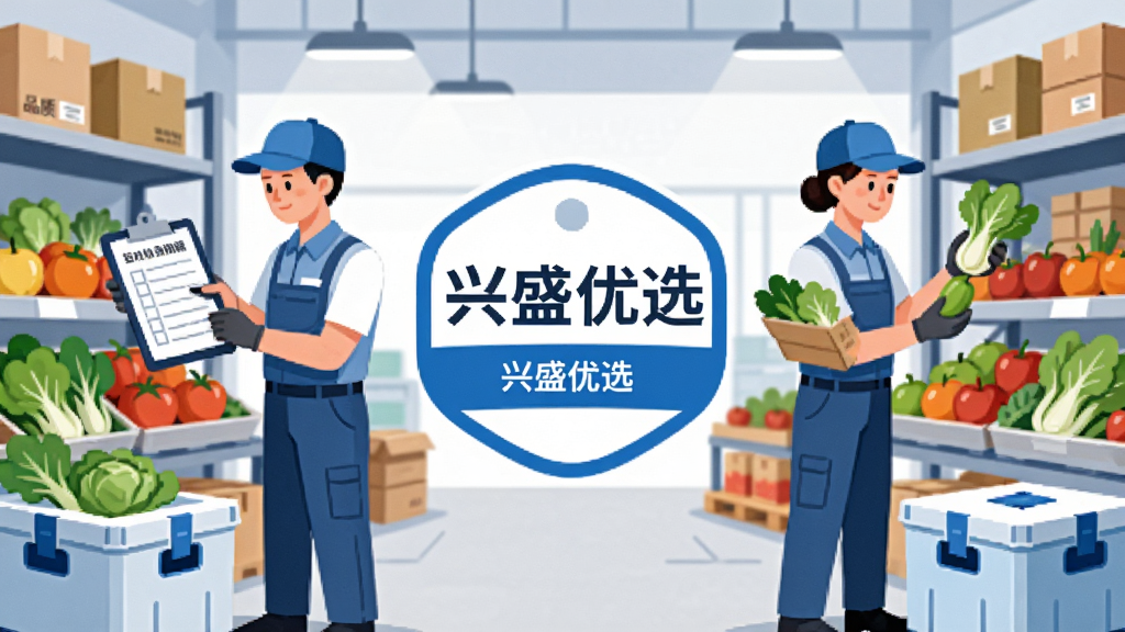 兴盛优选品质保障主题插画,画面中央为“兴盛优选”质检标签,主体是工作人员在仓库中检查蔬菜水果的新鲜度,布局采用左右对称结构,排版以人物与货架并重,风格为干净明亮的商务插画,细节包含质检记录板、冷链箱和绿色蔬菜,画质高清,干净,无多余元素。