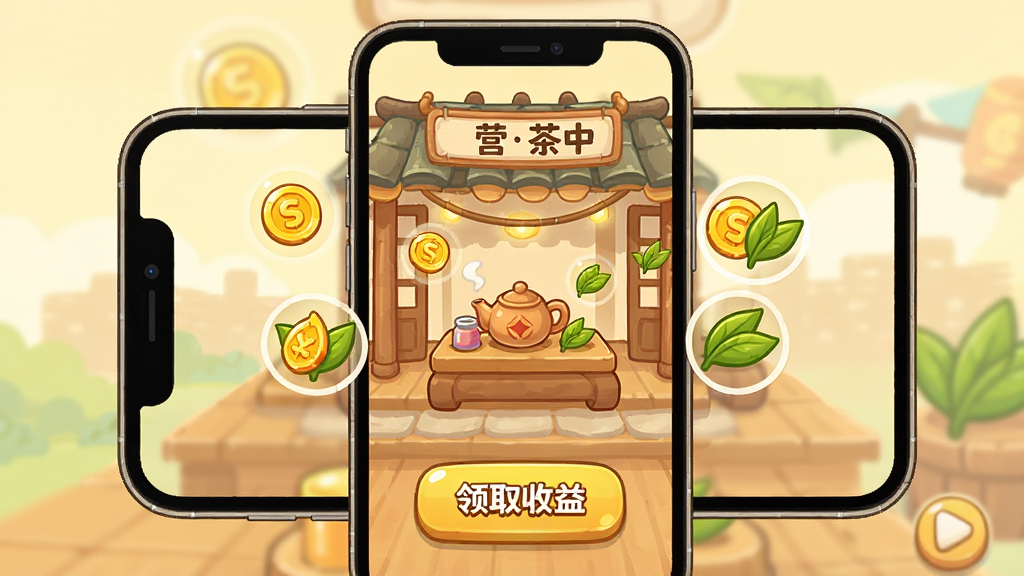 一幅卡通风格的手机游戏界面展示图,画面中是一部手机屏幕,屏幕上显示有间茶馆的游戏主界面,茶馆正在营业中,画面中有金币和茶叶的图标飘浮,屏幕下方有领取收益的按钮,整体风格清新简约,色调温暖,细节清晰,画质干净,无多余元素