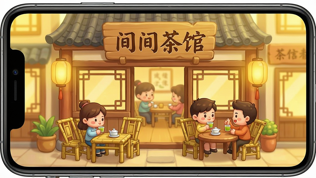 一张手机屏幕展示中式茶馆经营游戏的画面,画面中央是一间古色古香的中式茶馆门面,木质招牌上写着有间茶馆四个字,茶馆门口摆放着竹椅和茶桌,几位卡通风格的顾客正在品茶聊天,画面采用暖黄色调,柔和光线,清新治愈的卡通插画风格,细节丰富,画质清晰干净,无多余元素