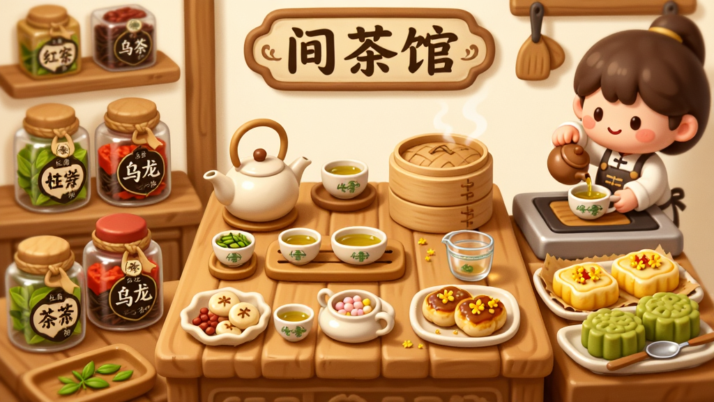 一幅卡通风格的中式茶馆厨房场景,画面中央是木质操作台,上面摆放着茶壶、茶杯、蒸笼和各式点心原料,画面左侧有绿茶、红茶、乌龙茶等茶叶罐,右侧是刚出炉的桂花糕和绿豆糕,一位可爱的卡通角色正在泡茶,画面色调温暖明亮,风格清新治愈,细节精致,画质清晰干净,无多余元素,画面中带有有间茶馆字样的招牌