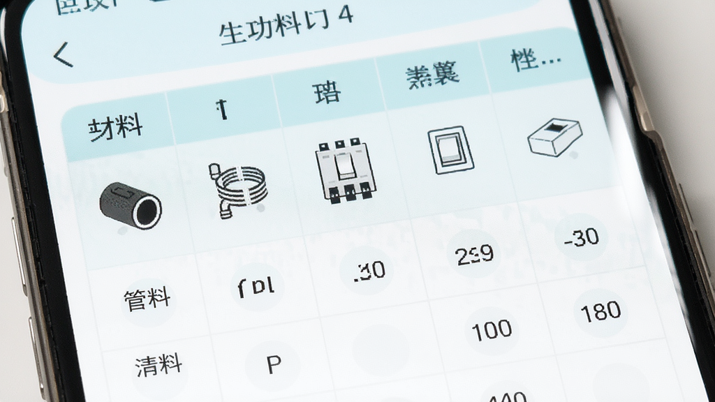 网上水电在线算智能材料清单生成功能界面,主体为手机屏幕特写,屏幕中显示材料清单表格,布局为上下结构,排版清晰,风格为清新浅色,细节包括管材、电线、开关等图标和数字,画质干净,无多余元素