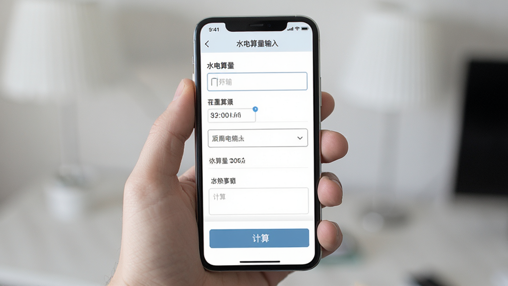 网上水电在线算移动端操作界面,主体为手持手机特写,屏幕中显示水电算量参数输入页面,布局为竖向表单,排版清晰,风格为清爽素雅,细节包括输入框、下拉菜单、计算按钮,画质干净,无多余元素