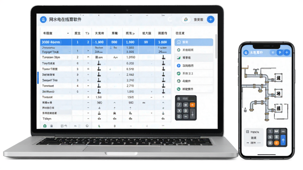 网上水电在线算软件主界面展示,主体为一台打开的笔记本电脑和一部智能手机并排布局,屏幕中显示水电算量表格与管线示意图,排版整齐居中,风格为简约科技风,细节包括蓝色高亮的数据行、水电管线图标、计算器元素,画质清晰干净,无多余元素