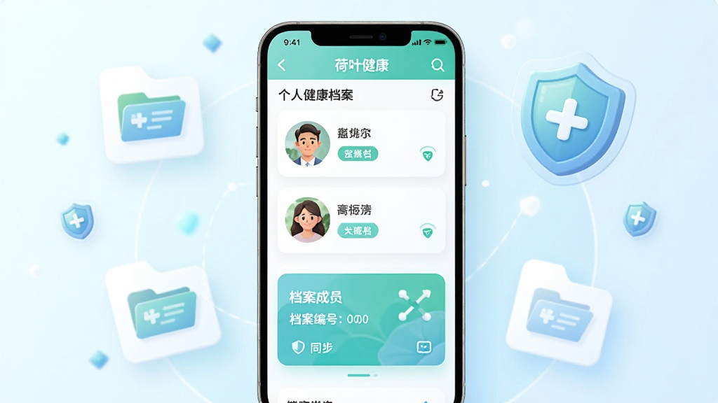一幅AI生成的插画,画面展示“荷叶健康”App的个人健康档案页面,手机屏幕内显示家庭成员头像列表和档案卡片,背景为柔和的浅蓝色,布局为手机居中、周围漂浮档案图标和盾牌图标,风格为简洁医疗科技风,细节包括姓名标签、档案编号、同步图标,画质清晰,无多余元素