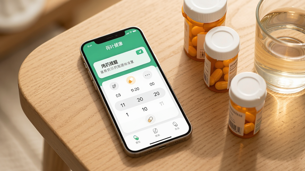一张AI生成的场景图,画面中一部手机放置在木质桌面上,屏幕显示“荷叶健康”App的用药提醒设置界面,旁边散落着药瓶和一杯温水,布局为手机居中偏左、药瓶在右,风格为温暖生活摄影感,细节包括通知弹窗、时间选择器、药丸图标,画质干净,无多余元素