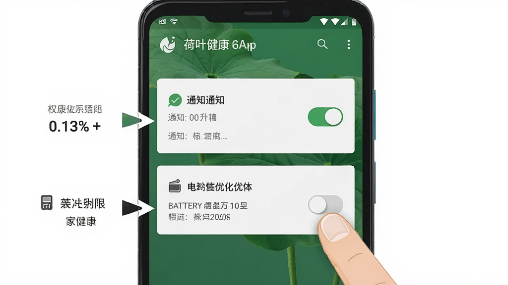 一张AI生成的手机操作示意图,画面展示“荷叶健康”App在安卓手机上的权限设置页面,屏幕内显示通知权限和电池优化选项,手机旁边有手指点击的示意,布局为手机居中、手指在右下方,风格为简洁教程插图,细节包括开关按钮、文字标签、箭头指示,画质清晰,背景干净,无多余元素