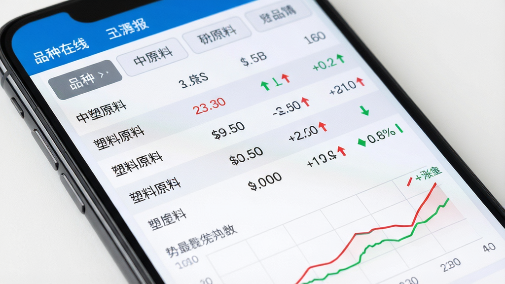 中塑在线实时价格行情功能展示,主体为手机屏幕特写,屏幕内显示塑料原料报价表格与涨跌曲线,布局为上方品种切换标签、中部数据列表、下方趋势图,风格为简洁数据可视化,细节包含红色上涨绿色下跌箭头与具体价格数字,画质高清,干净,无多余元素