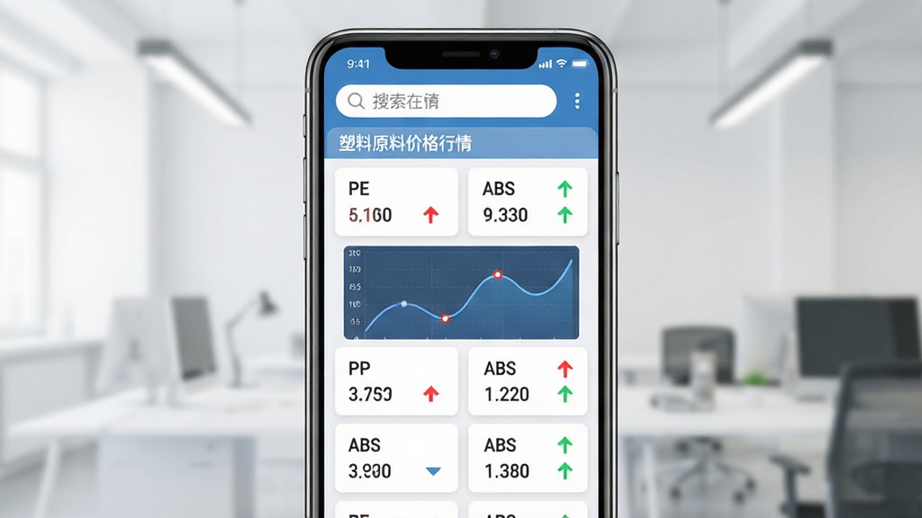 中塑在线手机应用界面展示,主体是一部竖屏智能手机,屏幕内呈现塑料原料价格行情列表与走势曲线图,布局为顶部搜索栏加行情卡片流,排版清晰紧凑,风格为现代商务扁平化,细节包含PE、PP、ABS等原料名称与红色绿色涨跌箭头,画质高清,干净,无多余元素