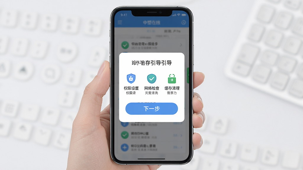 中塑在线新手操作引导界面展示,主体为手机屏幕内分步提示弹窗,布局为居中卡片加下一步按钮,风格为友好引导式设计,细节包含权限设置、网络检查、缓存清理等图标与文字说明,画质高清,干净,无多余元素