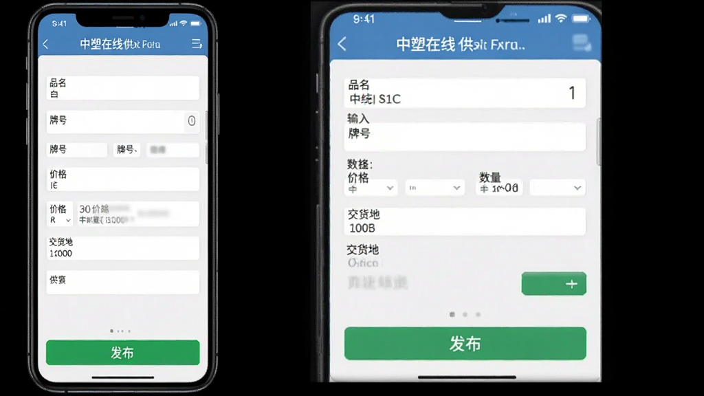 中塑在线供求信息发布页面展示,主体为手机应用信息发布表单界面,布局为顶部标题栏、中部输入框组、底部发布按钮,风格为清爽浅色商务风,细节包含品名、牌号、数量、价格、交货地等字段与绿色发布按钮,画质高清,干净,无多余元素