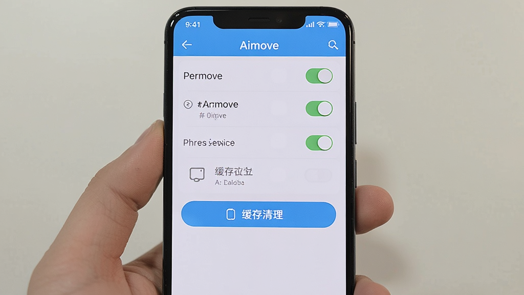 主体为手机屏幕显示Aimove权限设置与存储管理界面,布局为竖向列表,排版清晰,风格为浅色简约,细节包含权限开关、缓存清理按钮和