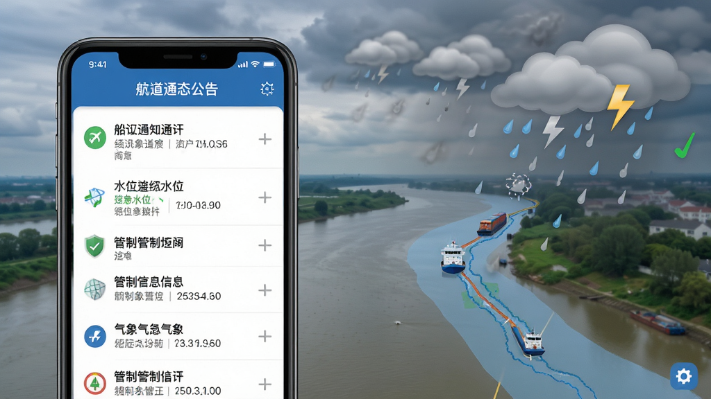 船讯通航道动态通知公告界面展示图,手机屏幕显示通知列表与航道地图,包含水位、气象、管制等信息,背景为内河航道与天气变化场景,主体清晰,布局层次分明,排版简洁,风格写实,细节丰富,画质高清,干净,无多余元素