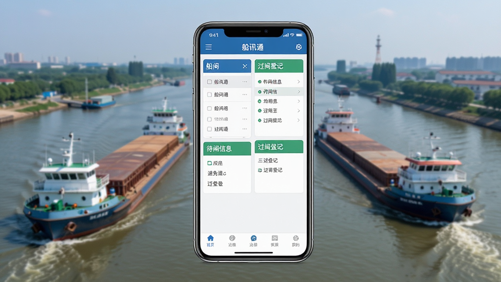 船讯通软件主界面展示图,画面中央放置一部智能手机,屏幕显示船讯通APP首页,包含船闸列表、待闸信息、过闸登记等模块,背景为内河航道与货船航行场景,主体清晰,布局居中,排版简洁,风格写实,细节丰富,画质高清,干净,无多余元素