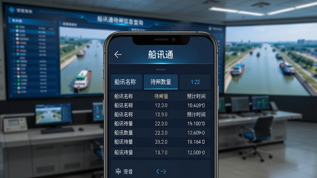 船讯通待闸信息查询界面展示图,手机屏幕显示船闸待闸列表,包含船闸名称、待闸数量、预计时间等数据,背景为调度中心大屏与航道场景,主体突出,布局清晰,排版整齐,风格科技写实,细节丰富,画质高清,干净,无多余元素