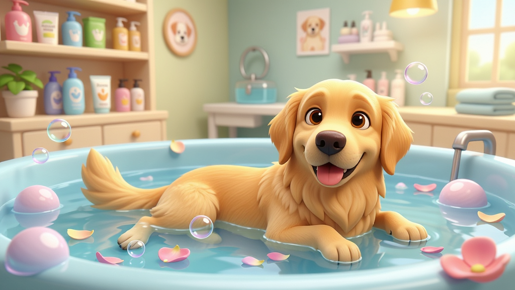 一只可爱的金毛犬躺在宠物水疗中心的水疗池中,周围有彩色泡泡和花瓣漂浮,背景是明亮温馨的宠物护理店面,货架上摆放着各种宠物洗护用品,整体风格为卡通渲染,色彩明快柔和,画面干净整洁无多余元素,高清画质